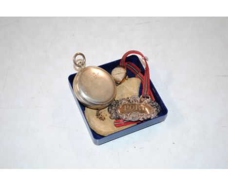 A military marked compass, a silver port decanter label and a lady's Rotary 9ct gold cased wrist watch