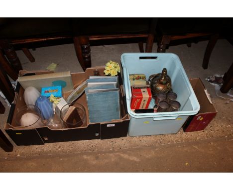 Three boxes of various sundry items to include candles; encyclopaedia; silver plated goblets; table lamp; scale weights etc.
