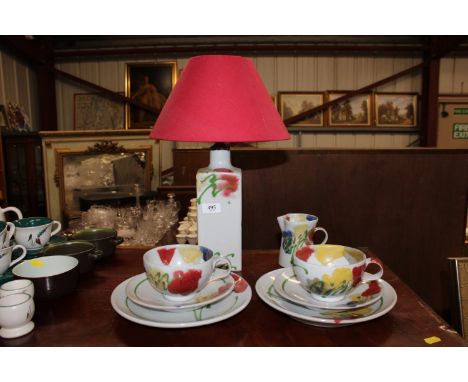 Janice Tchalenko for Dartington Pottery, table lamp, two trios and a cream jug