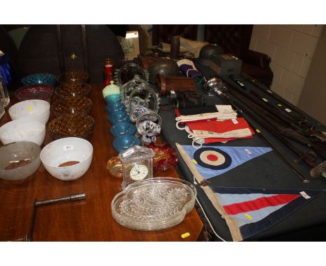 A collection of table glassware; to include Art Glass baskets, glass clock, sundae dishes etc.