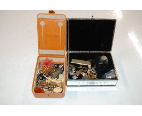 A mirrored jewellery box and contents to include cufflinks and studs; a cigarette lighter and a jewellery box containing vint