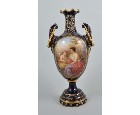 Viennese porcelain vase, wavy collar, (chipped), reticulated neck, twin handles, oval painted panel, a girl and a cherub in a