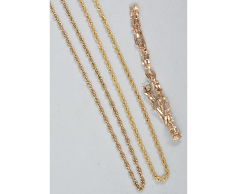 A 9 carat yellow gold 3mm gauge hollow rope link chain, 42cm long, a 9 carat Prince of Wales link chain 60cm long and a 9 car
