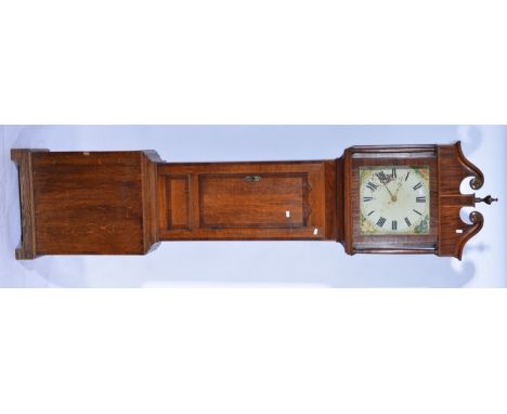 Oak and mahogany longcase clock, the hood with a swan-neck pediment, turned columns, short door, bracket feet, 12" square pai