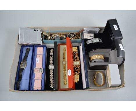 Tray of ladies fashion wrist and pendant watches, a "silver ingot" watch, Hamnett, Avia, Christin Lars, Sekonda etc, compact 