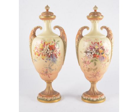 A pair of Royal Worcester twin handled pedestal vases with covers, blush ivory hand painted with honeysuckle and berries, flu