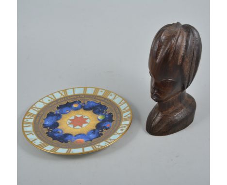 Fulani carved hardwood bust of young lady, Royal Worcester Millenuim plate, and one other plate.