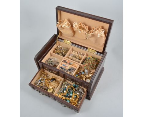 A jewel box containing costume jewellery, brooches, earrings, rings, necklaces, pendants, paste, marcasite, Accurist, Rotary 