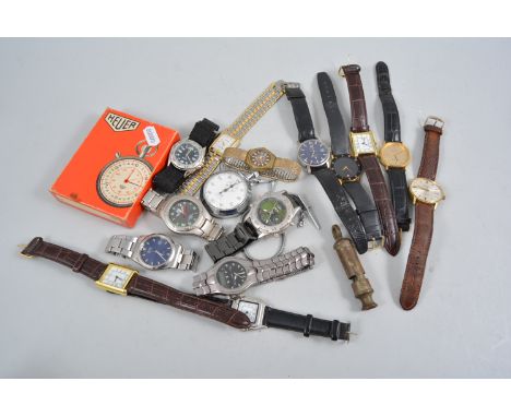 Tissot wristwatch, other wristwatches, Heuer stop watch, whistle etc.