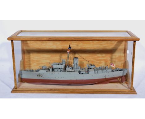 Scale model of a naval warship, in a pine and glazed case, the case 95cm.