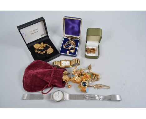 Collection of jewellery and wrist watches to include cufflinks, silver chains, metal model of a horse, a yellow metal curb li