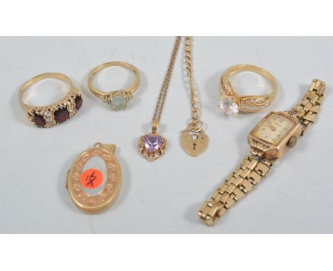 A collection of jewellery to include a 14 carat yellow gold ring set with synthetic white stones, gross weight approximately 