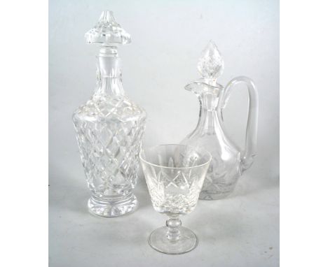 Cut glass decanter, mallet shape with mushroom stopper, height 27cm; other cut glass decanters, wine glasses, quantity.