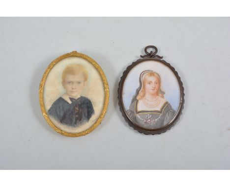 Miniature watercolour portrait, Lady Jane Grey, on ivory panel, circa.1900, 55mm x 42mm; metal frame, a small portrait miniat