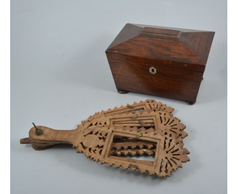 Victorian rosewood tea caddy, together with an olive wood fan, chamber pot, and tray.(4)