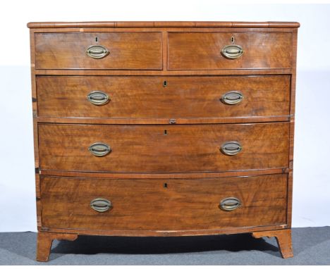 Victorian mahogany bow-front chest of drawers, the top with a moulded edge, two short and three long graduating drawers, spla