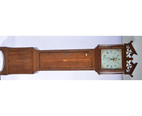 Oak longcase clock, architectural pediment, hood with turned columns, long door with oval fan inlay, bracket feet, 12" square