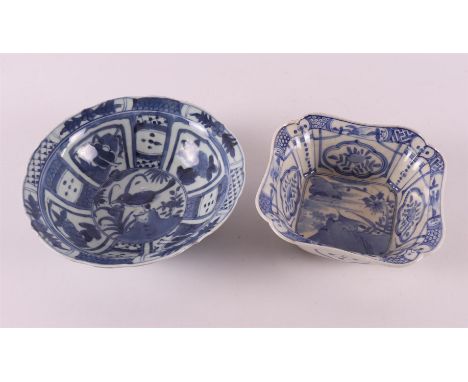 A blue/white porcelain contoured bowl on stand ring, China, 17th/18th century, h 5 x Ø 17.5 cm (hairlines/flakes). Here is an