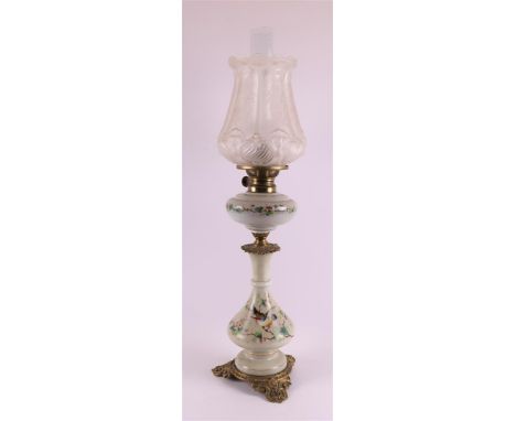 An opaline glass table lamp with satin-finished glass shade, 2nd half of the 19th century, polychrome floral decor, brass fra