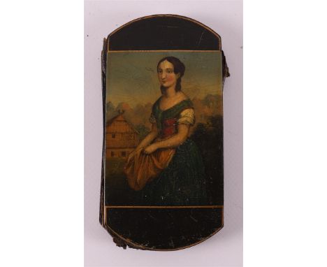 A cigar case with polychrome painted decor of a romantic scene of a woman's portrait on the reverse, ca. 1840 (damaged leathe