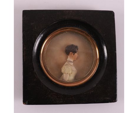 A portrait wax miniature in a frame with an image of 'Mathilda Holthuysen (Scharff family) 1790-1881'. With colored watercolo