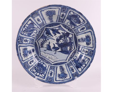 A blue/white porcelain 'kraak' dish, China, Wanli, around 1600. Blue underglaze decor of water birds on a bank in a park surr