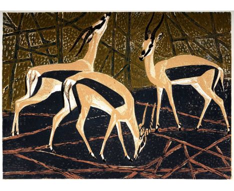 James Thomas Armour Osborne(1907-1979)"Gazelles",pencil signed and titled,colour woodcut,plate 28 x 38cms, unframed.Note: Fro