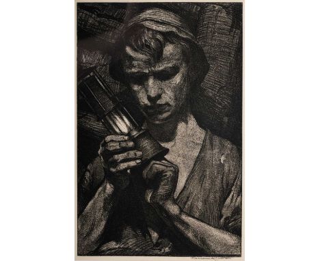 Hermann Kätelhön (German, 1884 - 1940)Portrait of a young miner with a lamp,signed in plate,lithograph,plate 29.5 x 19cms, 49
