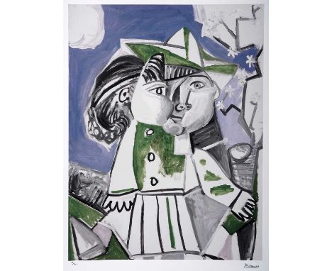 After Pablo Picasso(Spain, 1881-1972)Cubist portrait in blue and green,signed in the plate,limited edition offset lithograph,
