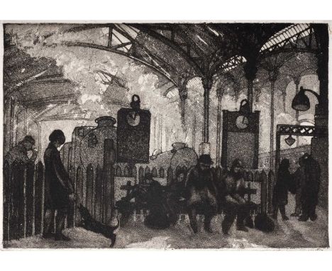Christian Vlasto(Mid-20th Century British School)The train station,pencil signed,aquatint etching,plate 17.5 x 25cms, unframe