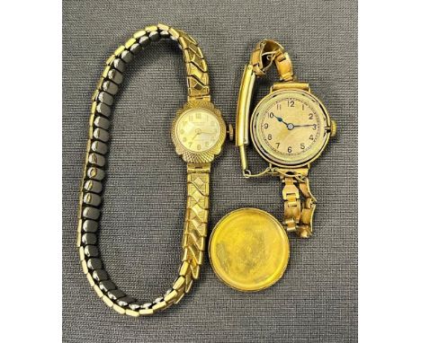 TWO LADIES 9CT GOLD WRISTWATCHES one Art Deco octagonal case, hallmarked 375 Chester 1936, with a fancy block work link, roll