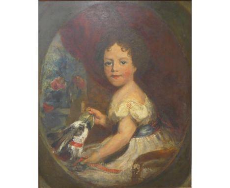 English School (early 19th Century), portrait of a girl and rabbit, oil on canvas, 75 x 62cms, framed