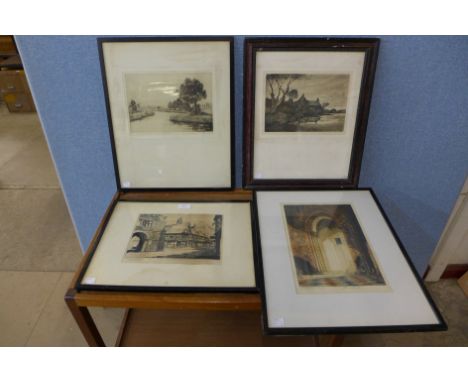 Five hand signed etchings, photographic print and a brass mirror