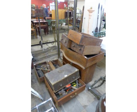 Assorted vintage tools and various cabinet drawers