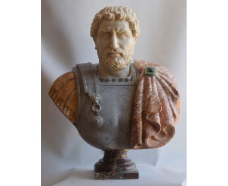 Bust made of various fine marbles, representing the Emperor Hadrian. Placed on a turned base. Marbles used: breccia pernice, 