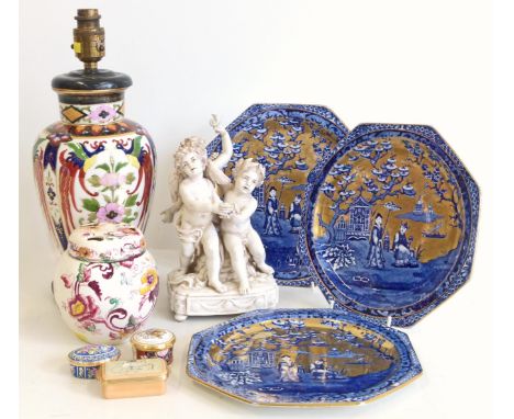 Ceramic lamp base, Continental figure group, Mason style ginger jar, three Cobalt blue/gilt J. Kent, Olde Foley plates etc. U