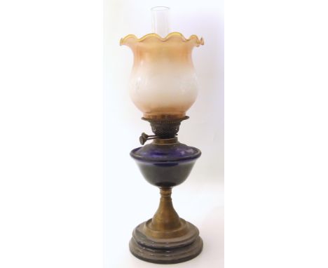 A Victorian oil lamp with cobalt blue glass reservoir Unfortunately we are not doing condition reports on this sale.