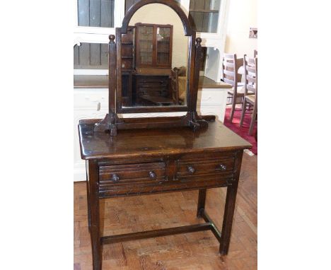 Ercol dark elm two-drawer side/dressing table complete with swing frame toilet mirror, 91cm wide, design No. 2226 Unfortunate