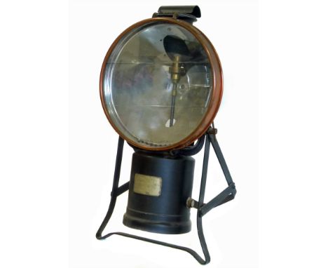 Tilley (Hendon) floodlight projector, RD. No. 762129 with 39cm diameter lamp hanging brass plaque engraved Chester CFB Unfort