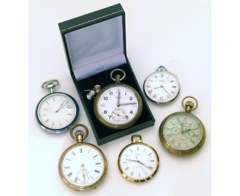 Six assorted base metal pocket watches, including an example by Timex, one by Sekonda & a Buren Grand Prix watch with no glas