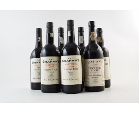 Seven bottles of port to include: 3 x bottles of Grahams Malvedos Vintage Port 1979. 1 x bottle Grahams vintage port 1977. 1 