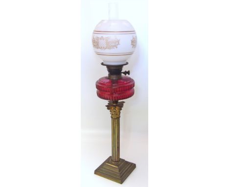 A Victorian brass oil lamp with Corinthian column Unfortunately we are not doing condition reports on this sale.