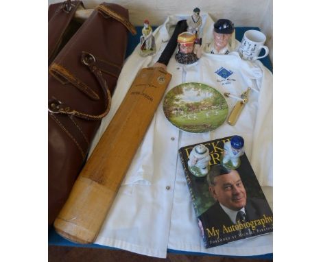 Dickie Bird (MBE) 50 tests umpires coat and autobiography, brass cricket and ball door knocker, cricketers bag, Royal Doulton