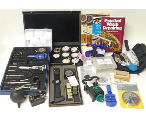 Eight assorted base metal vintage pocket watches, together with four books on watch repairing and a box of assorted equipment