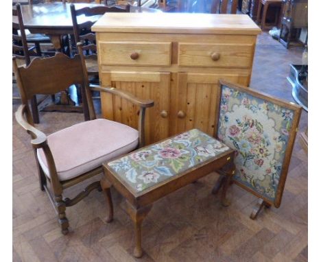Modern low cane seated chair, stool on cabriole legs, tapestry fire screen and pine dresser base. Unfortunately we are not do