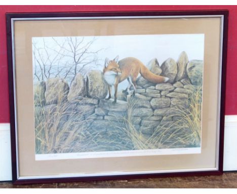 Signed limited edition print "Fox on Wall" after Patrick A. Oxenham. Unfortunately we are not doing condition reports on this