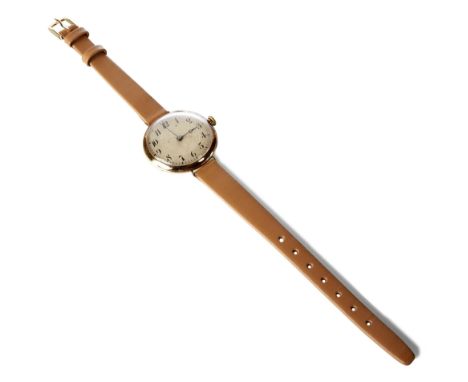 18ct gold Art Deco lady's slim watch, Arabic numerals, engine turned pattern dial, movement unmarked, monogrammed initials to