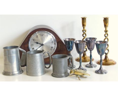 Garrard 8-day mantel clock, pair brass barley-twist candlesticks and pewter etc. Unfortunately we are not doing condition rep