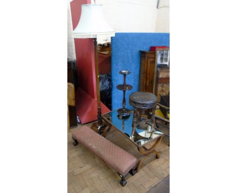 Mahogany standard lamp complete with shade, long low stool on ball-and-claw feet, mirror top coffee table and ashtray on turn