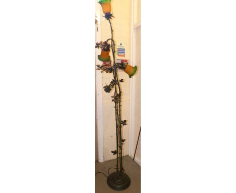 Art Nouveau style wirework standing lamp with coloured glass shades